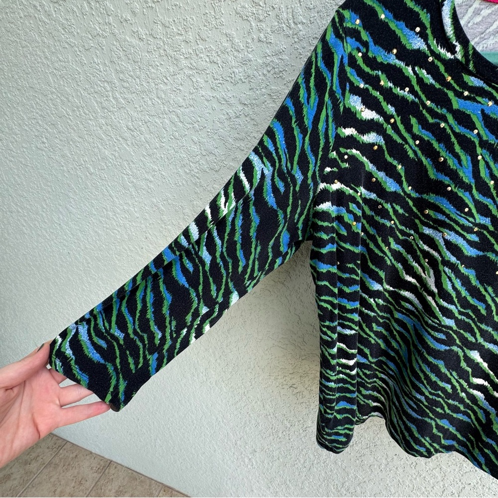 Rafaella XL cotton blue green diagonal tiger stripe artistic beaded blouse top - Picture 4 of 7